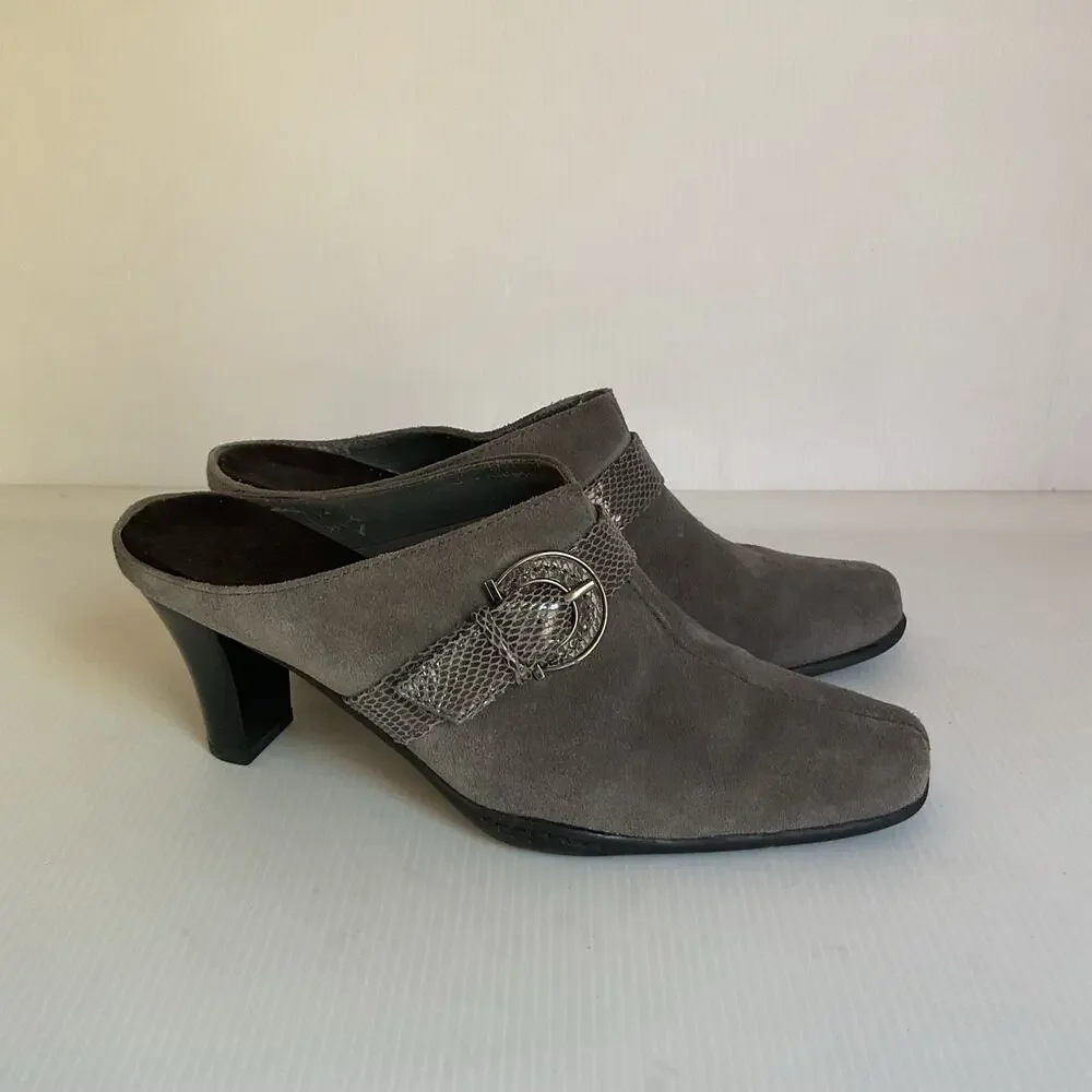 Aerosoles Women’s Size 8 Gray Suede Mule Heels Buckle Slip On Shoes